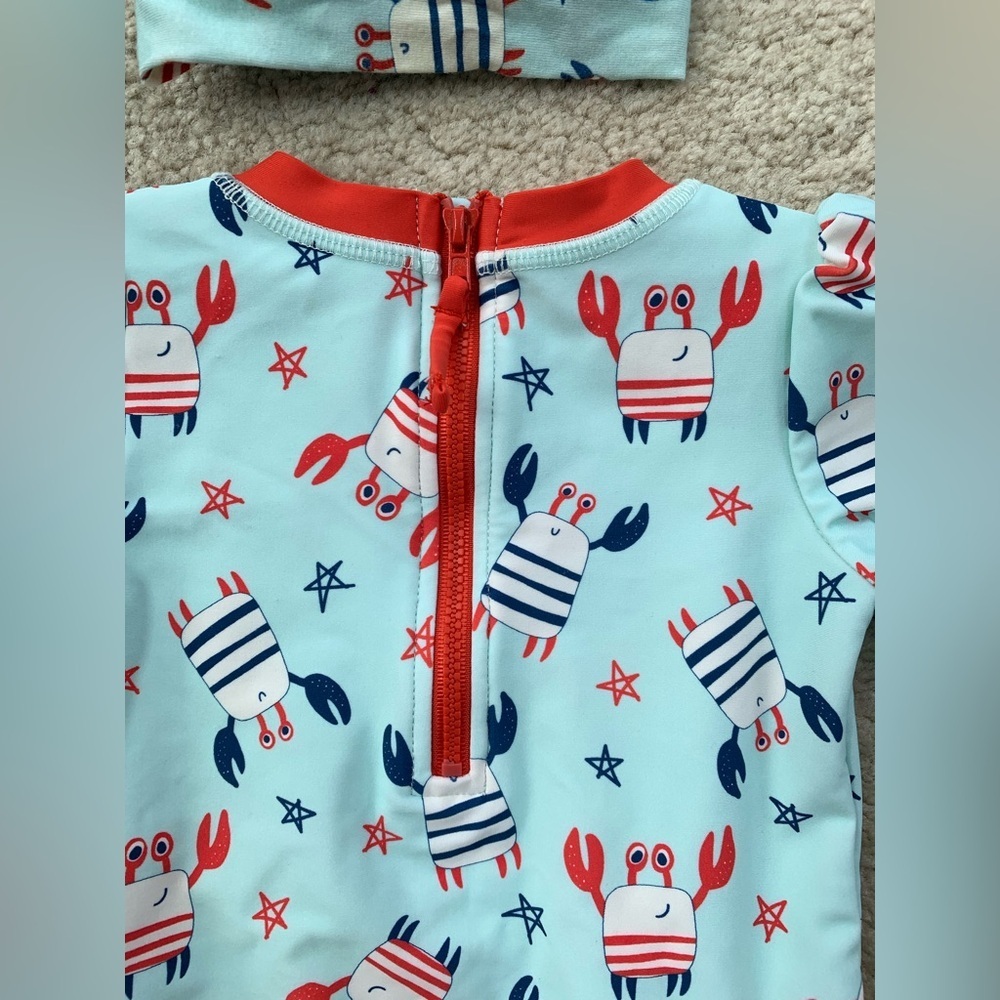 Caden Lane Size 18-24 Months Red, White, Blue Crab Swimsuit & Bamboo Headband - Picture 5 of 8
